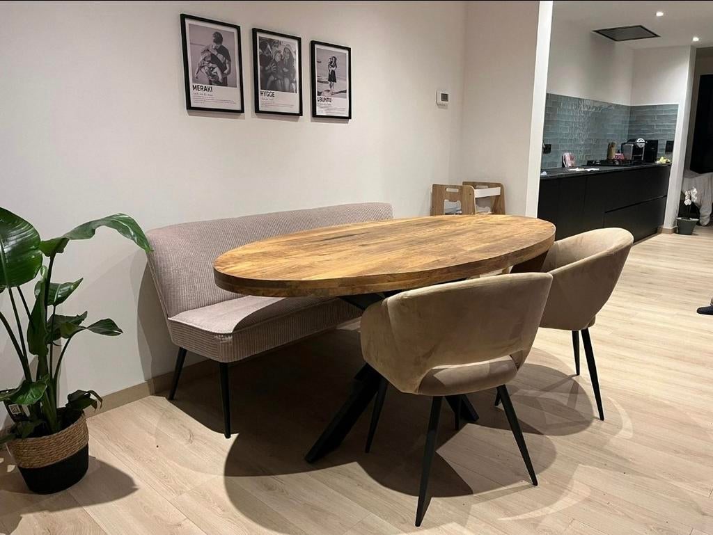 Mango hout Eettafel ovaal 240x100 kruispoot zwart onderstel, Ophalen, Ovaal, 200 cm of meer, 100 tot 150 cm