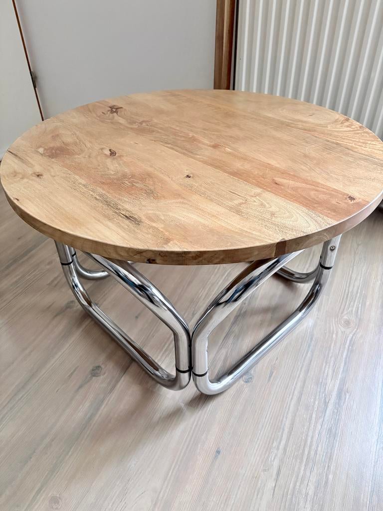 Salontafel met mangoblad en vintage onderstel, Huis en Inrichting, Tafels | Salontafels, Gebruikt, 100 tot 150 cm, Rond, Minder dan 50 cm