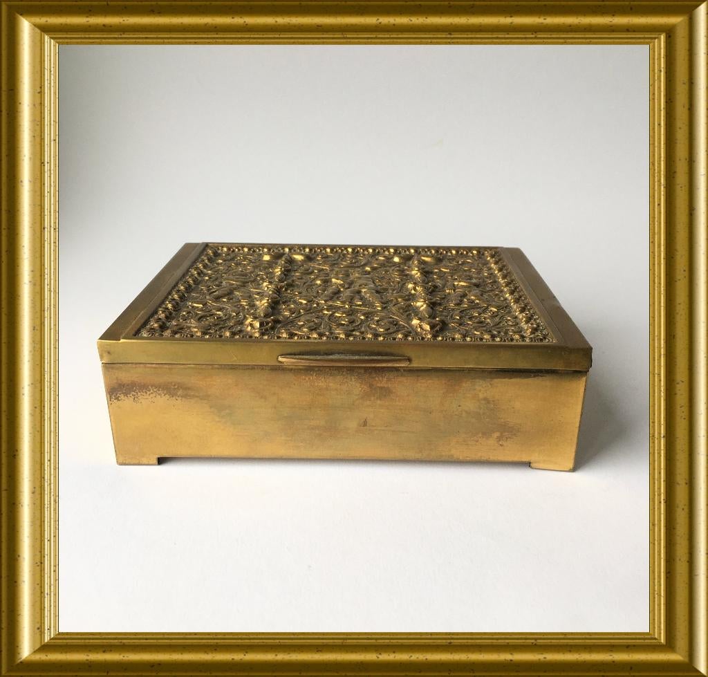 Oud koperen doosje, sigarendoosje: Erhard & Sohne, cupido, Ophalen of Verzenden