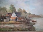 Olieverfschilderij huis aan het water met mooie lijst, Ophalen