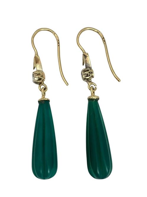 Gouden oorhangers met roosdiamant en aventurijn, Sieraden, Tassen en Uiterlijk, Oorbellen, Zo goed als nieuw, Hangers, Goud, Groen