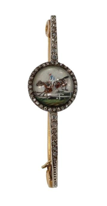 Jockey intaglio paard antiek 18k broche goud platina diamant beschikbaar voor biedingen