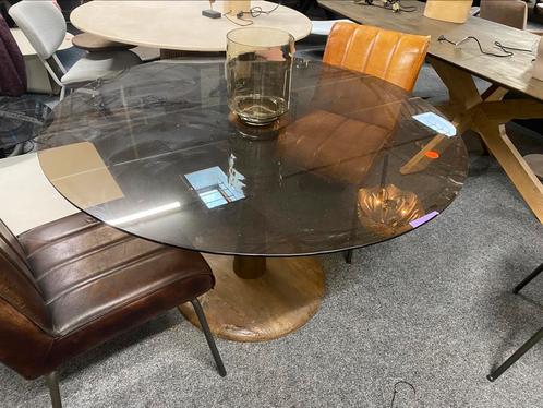Vintage retro tafel rond smoke glas met mango poot 130cm, Huis en Inrichting, Tafels | Eettafels, Nieuw, Vijf personen of meer