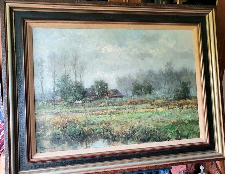 F.Manders Olieverfschilderij Landschap met boerderij, Antiek en Kunst, Kunst | Schilderijen | Klassiek, Ophalen