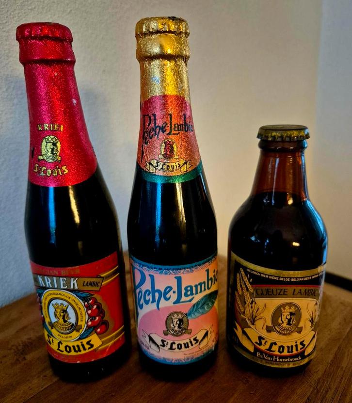3 oude volle GUEUZE LAMBIC ST LOUIS KRIEK bier uit Belgie, Verzamelen, Biermerken, Zo goed als nieuw, Flesje(s), Overige merken