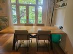 Houten eettafel / hobbytafel met metalen onderstel, Huis en Inrichting, Ophalen, Gebruikt, Eikenhout, 200 cm of meer