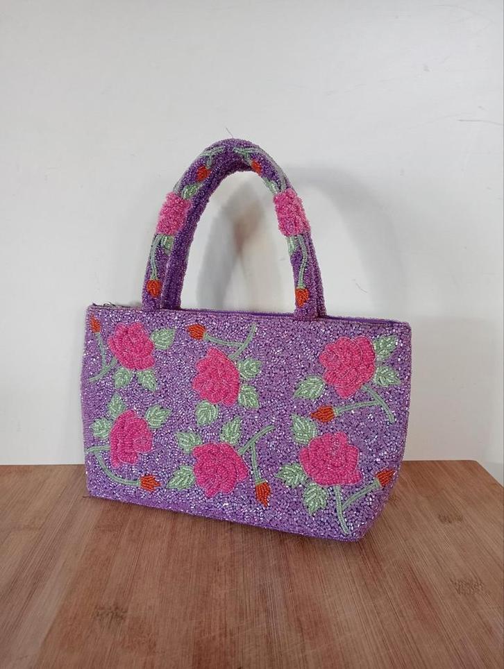 Vintage Kralen Handtas Rozen Motief, Sieraden, Tassen en Uiterlijk, Tassen | Damestassen, Gebruikt, Handtas, Paars, Ophalen of Verzenden