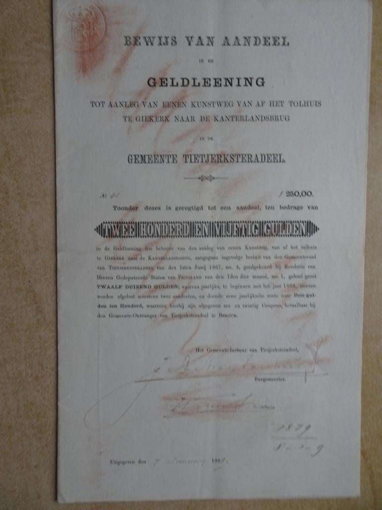 Aandeel 250 gulden Gemeente Tietjerksteradeel.......1868 !!, Postzegels en Munten, Aandelen en Waardepapieren, Ophalen of Verzenden