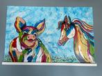 Kleurrijk Schilderij met Varken en Paard, Antiek en Kunst, Ophalen of Verzenden