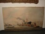 Large oil - Adrianus Verveen (1912-1988), Ships in harbor., Antiek en Kunst, Ophalen of Verzenden
