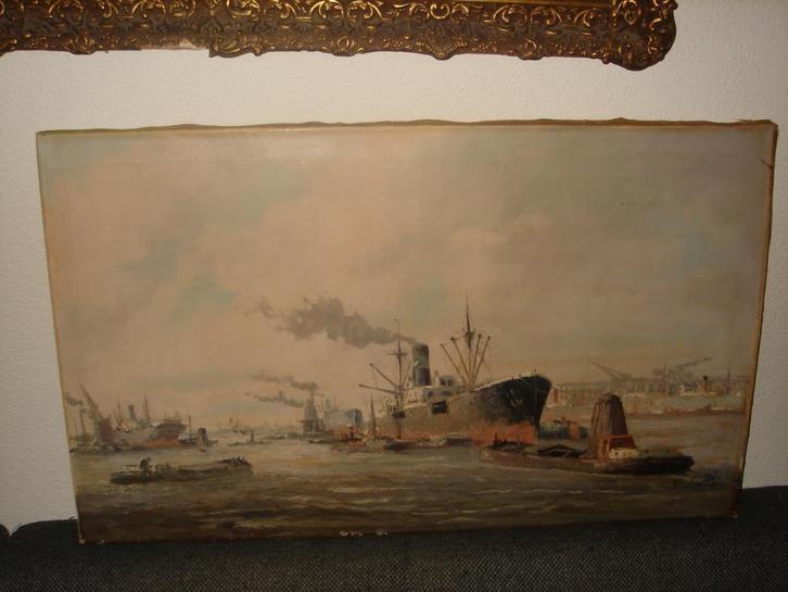 Large oil - Adrianus Verveen (1912-1988), Ships in harbor., Antiek en Kunst, Kunst | Schilderijen | Klassiek, Ophalen of Verzenden