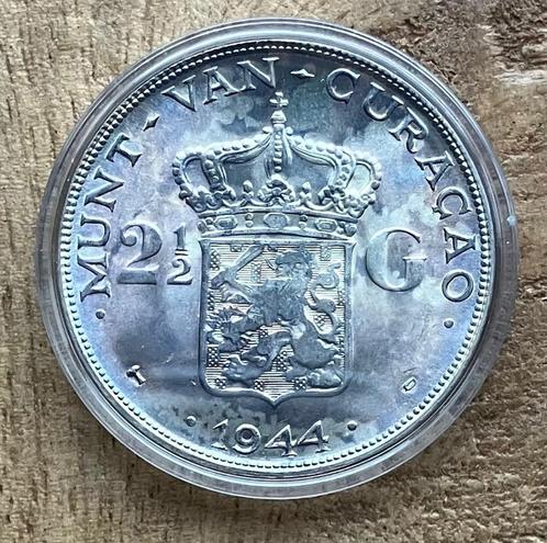 mooie 2,5 gulden 1944 Wilhelmina Curaçao in capsule 2, Postzegels en Munten, Munten | Nederland, Losse munt, 2½ gulden, Koningin Wilhelmina