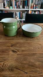 Retro groen geëmailleerde kan en schaal, Antiek en Kunst, Ophalen