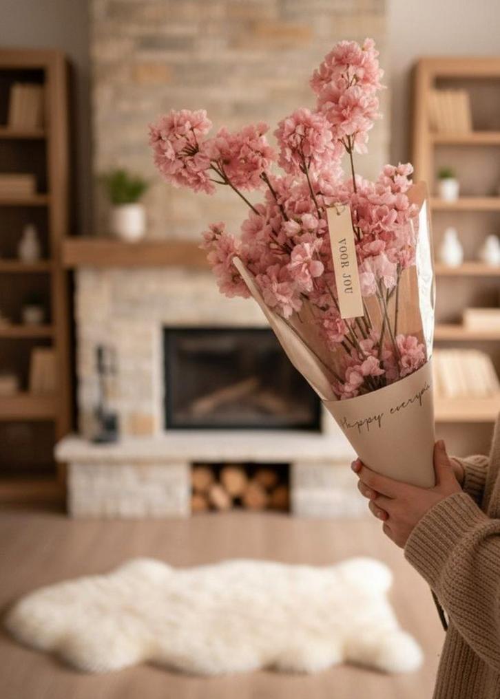 Bos vijf lichtroze zijden bloesemtakken nieuw, Huis en Inrichting, Woonaccessoires | Kunstplanten en Kunstbloemen, Nieuw, Binnen