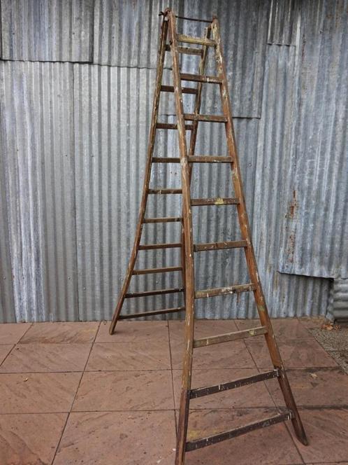 Industriele vintage houten schildersladder, schilderstrap, Doe-het-zelf en Verbouw, Ladders en Trappen, Gebruikt, 2 tot 4 meter