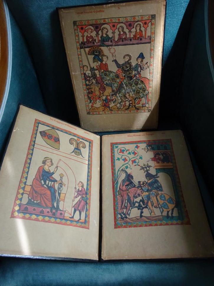 Codex Manesse: Drie antieke kunstafbeeldingen op hout, Antiek en Kunst, Kunst | Overige Kunst, Ophalen of Verzenden