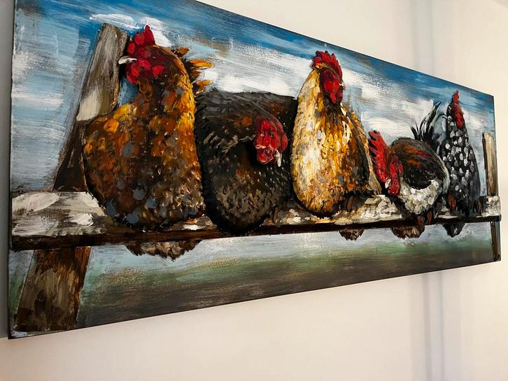 3D wall art Metalen Schilderij - Kippen op een Rij, Antiek en Kunst, Kunst | Schilderijen | Klassiek, Ophalen of Verzenden