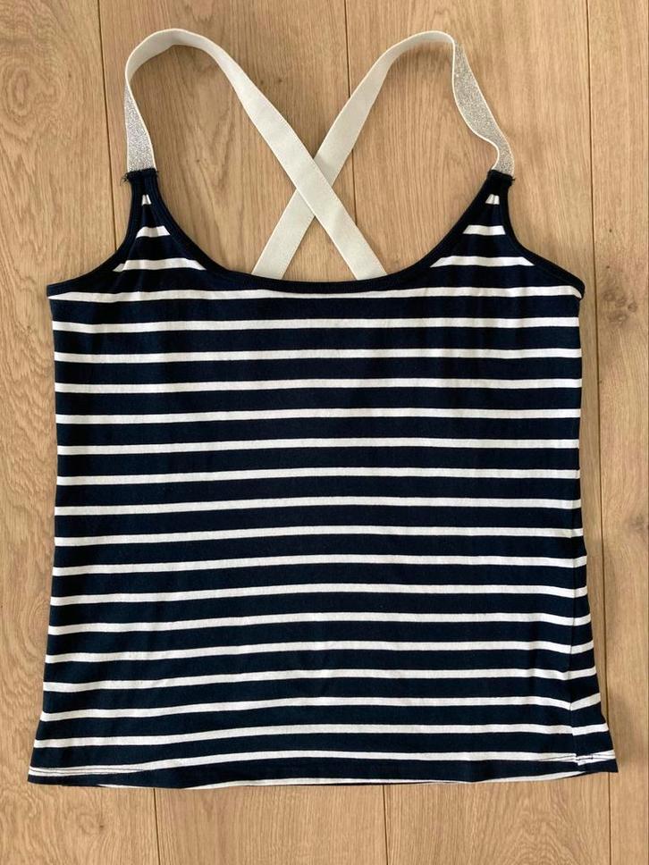 Donkerblauw/wit gestreepte top met zilveren bandjes, Kleding | Dames, Tops, Zo goed als nieuw, Blauw, Zonder mouw, Ophalen of Verzenden