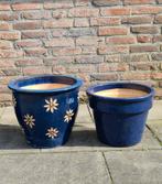 2 blauwe bloempotten, Tuin en Terras, Bloempotten, 25 tot 40 cm, Rond, Ophalen of Verzenden, Zo goed als nieuw