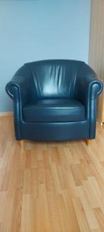 Blauwe leren fauteuil, Ophalen, Gebruikt, 75 tot 100 cm, 50 tot 75 cm