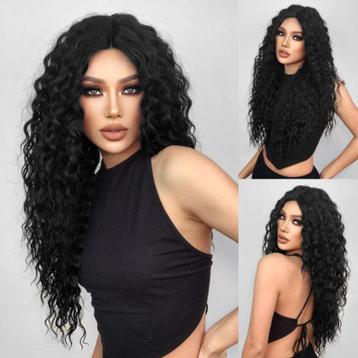 Luxe swiss lace pruik zeer lang zwart haar met beach krullen beschikbaar voor biedingen