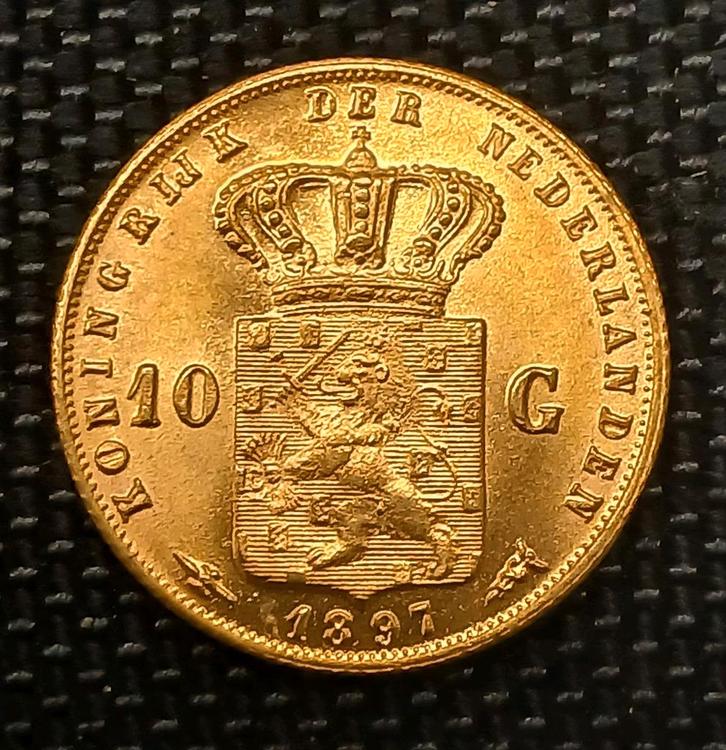 1897 Gouden 10 Gulden  Koningin Wilhelmina vergulding naslag, Postzegels en Munten, Munten | Nederland, Losse munt, 10 gulden