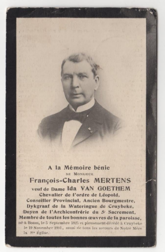 Francois Charles Mertens 1825 Boom1901 Cruybeke, 76 jaar, Verzamelen, Bidprentjes en Rouwkaarten, Verzenden