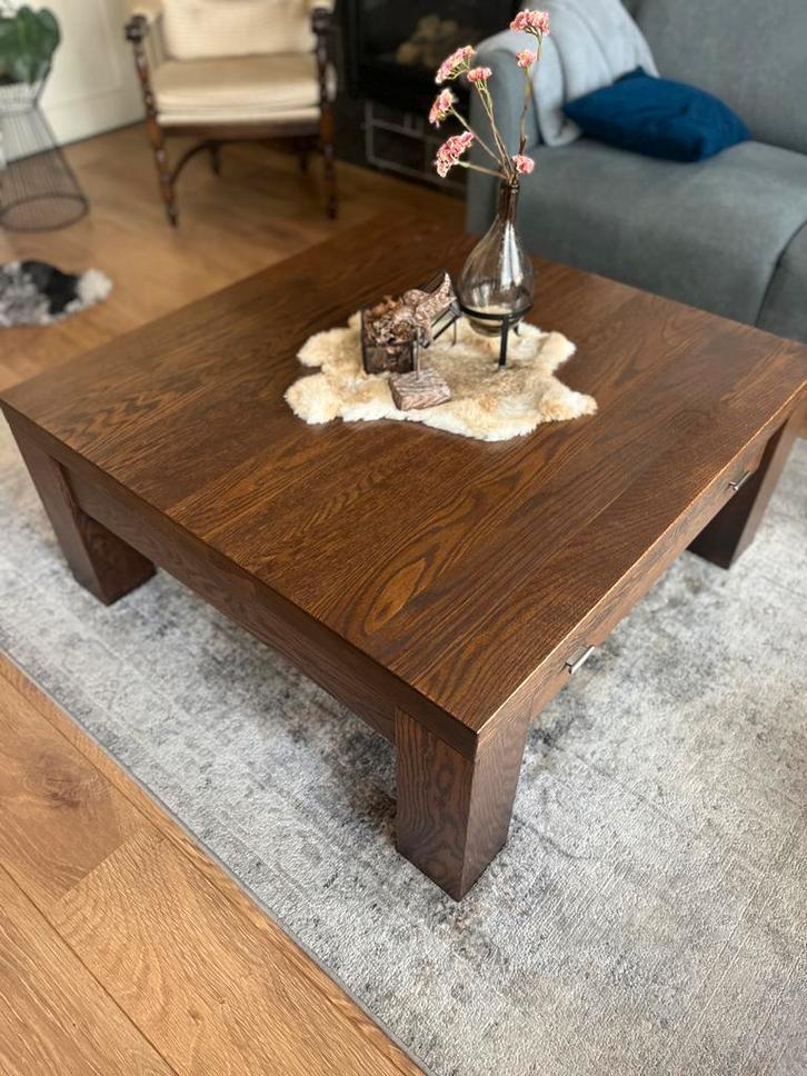 Massief Eiken Vierkante Salontafel met Lade, Huis en Inrichting, Tafels | Salontafels, Zo goed als nieuw, Minder dan 50 cm, 100 tot 150 cm