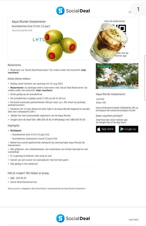 4x Avond tickets Aqua Mundo Vossemeren (3x volw & 1 kind), Tickets en Kaartjes, Kortingen en Cadeaubonnen, Drie personen of meer