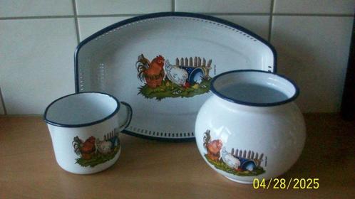 Emaille set met kippen decor, Antiek en Kunst, Antiek | Emaille, Ophalen of Verzenden