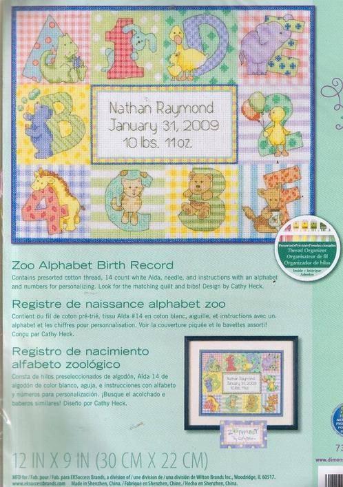 Geboorte Pakket Zoo Alphabet van Dimensions, Hobby en Vrije tijd, Borduren en Borduurmachines, Nieuw, Borduurpakket, Ophalen of Verzenden