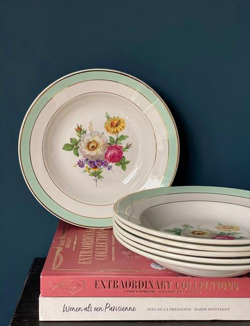 Badonviller set van 5 vintage diepe borden gebloemd, Huis en Inrichting, Keuken | Servies, Bord(en), Overige stijlen, Verzenden
