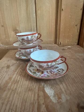 Vintage Japanse Geisha Theekopjes met Schotel | Kutani  3 beschikbaar voor biedingen