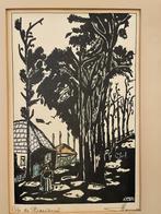 Hendrik (Henk) Oma (1908-1993) Houtsnede - Boerderij, Antiek en Kunst, Ophalen of Verzenden