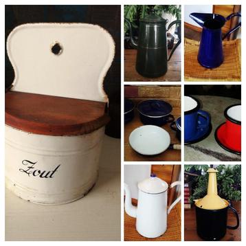 Emaille kan koffiepot groen/blauw /wit b.v. bloemen zoutpot  beschikbaar voor biedingen