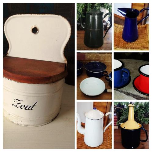 Emaille kan koffiepot groen/blauw /wit b.v. bloemen zoutpot, Antiek en Kunst, Antiek | Emaille, Ophalen of Verzenden