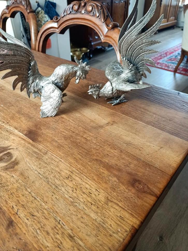 Verzilverde Kemphanen - Decoratief Paar, Antiek en Kunst, Antiek | Goud en Zilver, Zilver, Ophalen of Verzenden