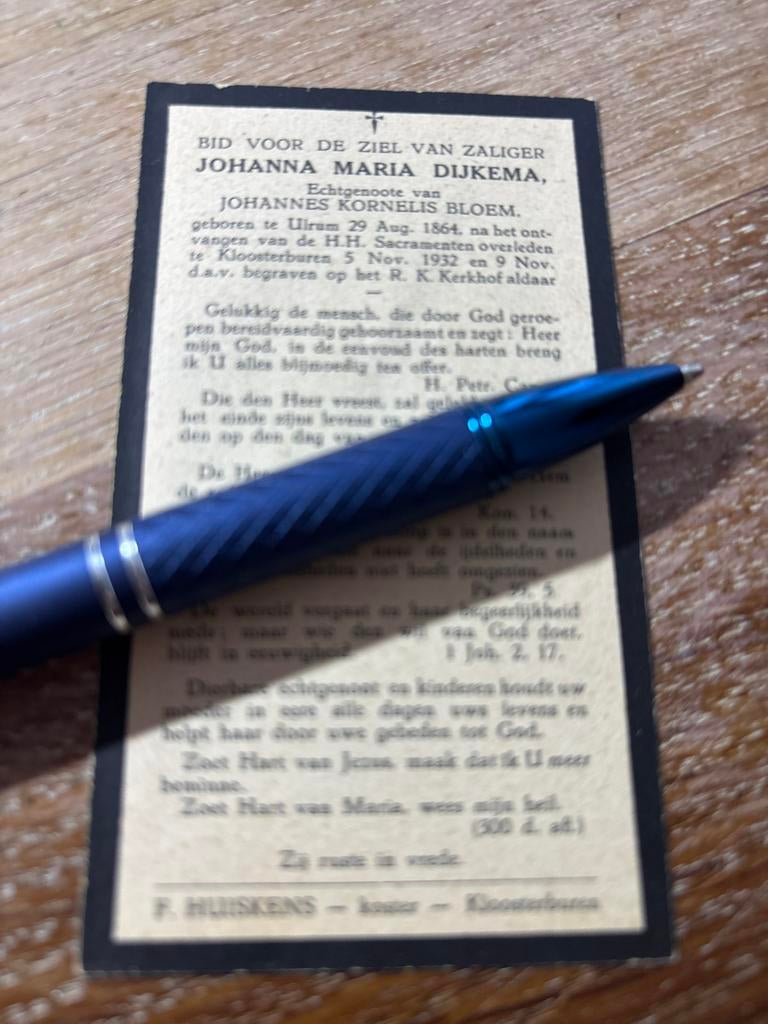 Dijkema Johanna 1864 Ulrum 1932 Kloosterburen x Bloem -29039, Verzamelen, Ophalen of Verzenden, Bidprentje