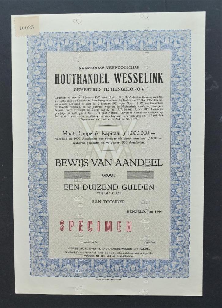 Houthandel Wesselink - Hengelo (O.) 1944, Postzegels en Munten, Aandelen en Waardepapieren, Aandeel, 1920 tot 1950, Verzenden