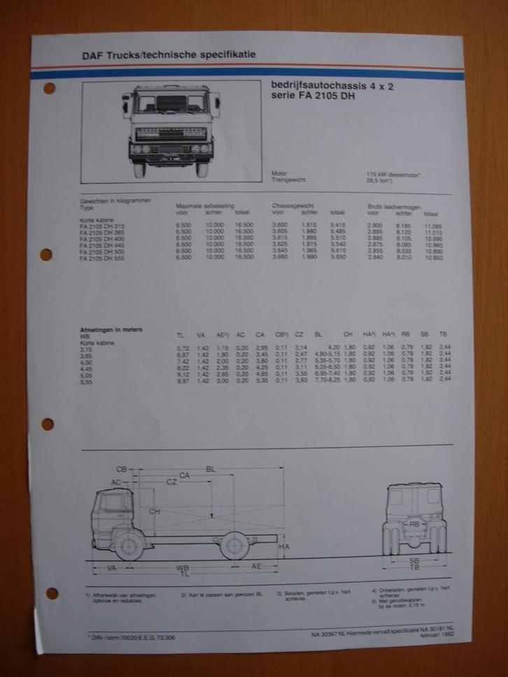 DAF FA 2100 DH Technische Specificatie Folder 1982 – 4x2, Boeken, Auto's | Folders en Tijdschriften, Zo goed als nieuw, Overige merken