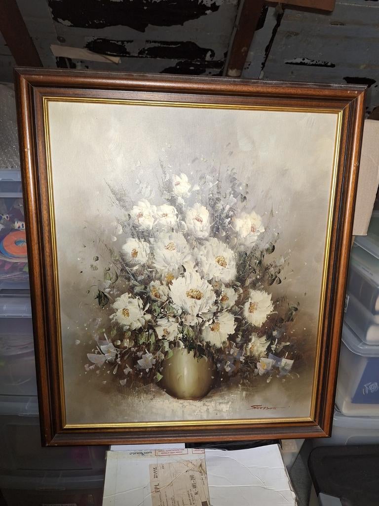 Schilderij Bloemen in Vaas, 20e Eeuw, Antiek en Kunst, Kunst | Schilderijen | Klassiek, Ophalen of Verzenden