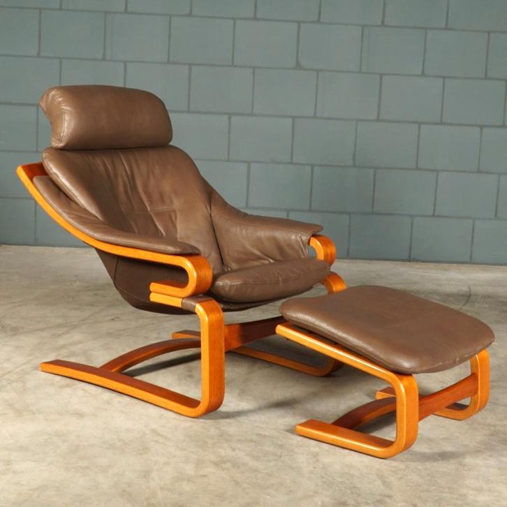 Deense “Apollo” fauteuil met hocker – Svend Skipper – '70, Huis en Inrichting, Fauteuils, Zo goed als nieuw, Hout, Leer, 75 tot 100 cm