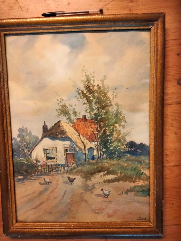 aquarel  A Verbeek van boerderij met kippen, Antiek en Kunst, Kunst | Schilderijen | Klassiek, Ophalen of Verzenden