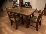 Donker eiken uitschuifbare eettafel met stoelen, Ophalen, Gebruikt, Eikenhout, 50 tot 100 cm