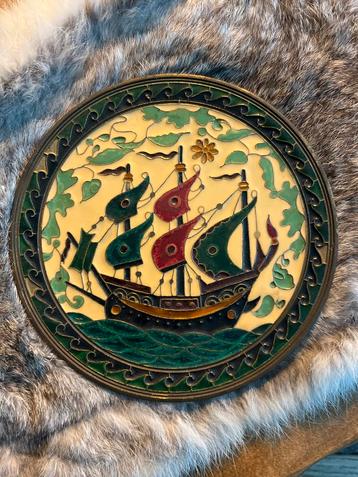 Antieke Emaille Plaat Zeilschip Decoratie Wandbord Art Deco  beschikbaar voor biedingen