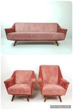 Vintage roze bankstel nieuw gestoffeerd | teakhout roze rib, Hout, ., Vintage modern, 75 tot 100 cm