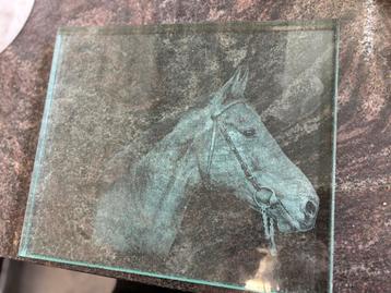 Dikke glasplaat met afbeelding van paard erin gegraveerd. beschikbaar voor biedingen