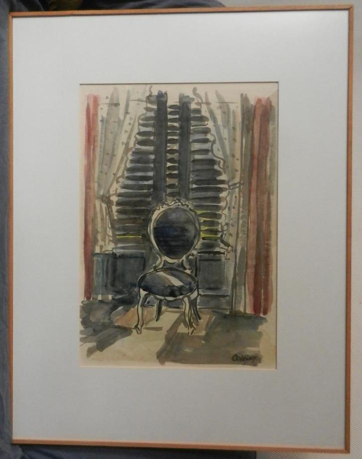 Fraai Aquarel Interieur m stoel Jeanne Bieruma Oosting 50x35, Antiek en Kunst, Kunst | Schilderijen | Klassiek, Ophalen of Verzenden