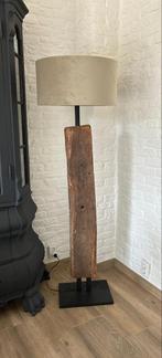 Unieke Vloerlamp Spoorbiels industrieel & fluwelen Kap, Ophalen, Gebruikt, Hout, 150 tot 200 cm