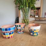 Mooie Mozaïek Bloempotten Set (3 stuks), Tuin en Terras, Bloempotten, Gebruikt, Rond, Aardewerk, Tuin